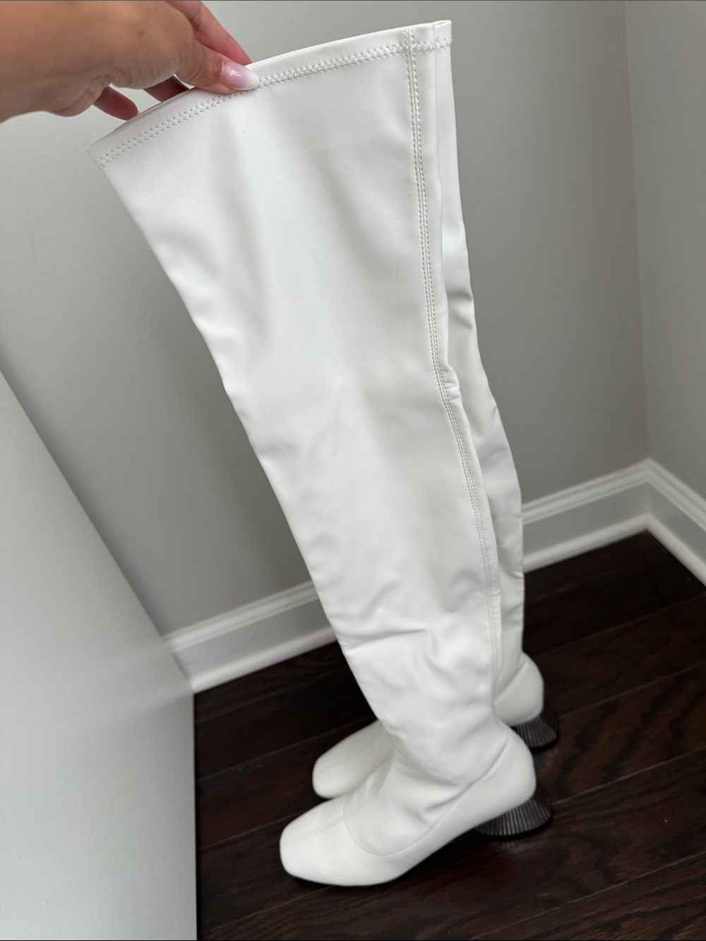 Katy Perry over the knee optic white boot